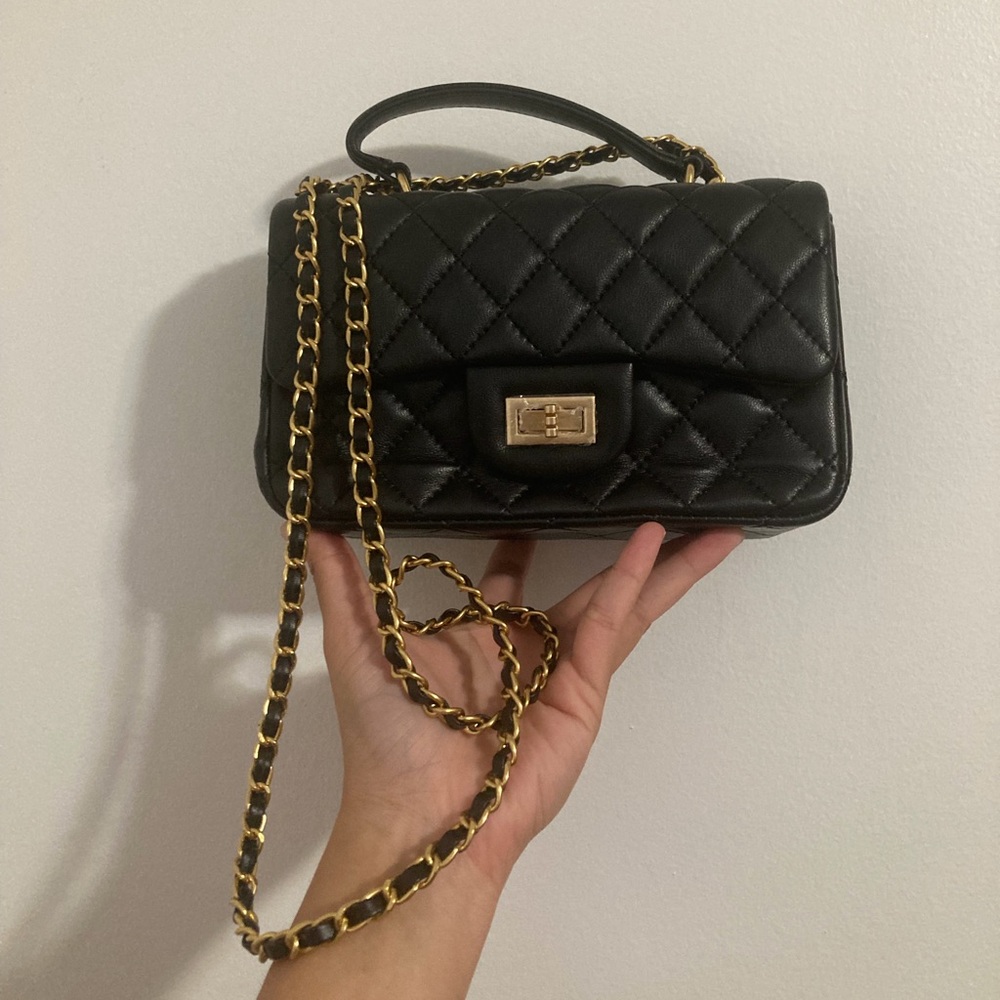 Black Leather with Gold Hardware Quilted Turnlock Crossbody Top Handle Bag Purse